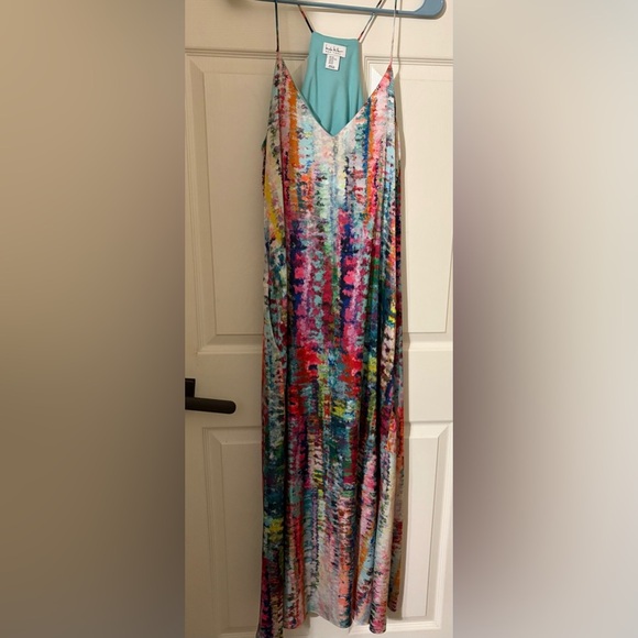 Nicole Miller  Spaghetti Strap Watercolor wedding guest  Dress Silky Maxi Sz xl - Picture 4 of 9